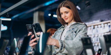 Woman choosing phone at technology store