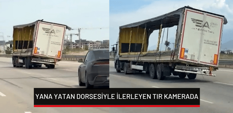 Bursa’da yana yatan dorsesiyle ilerleyen tır kamerada