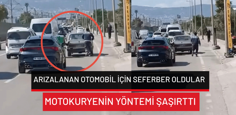Bursa’da arızalanan otomobil için seferber oldular… Motokuryenin yöntemi şaşırttı